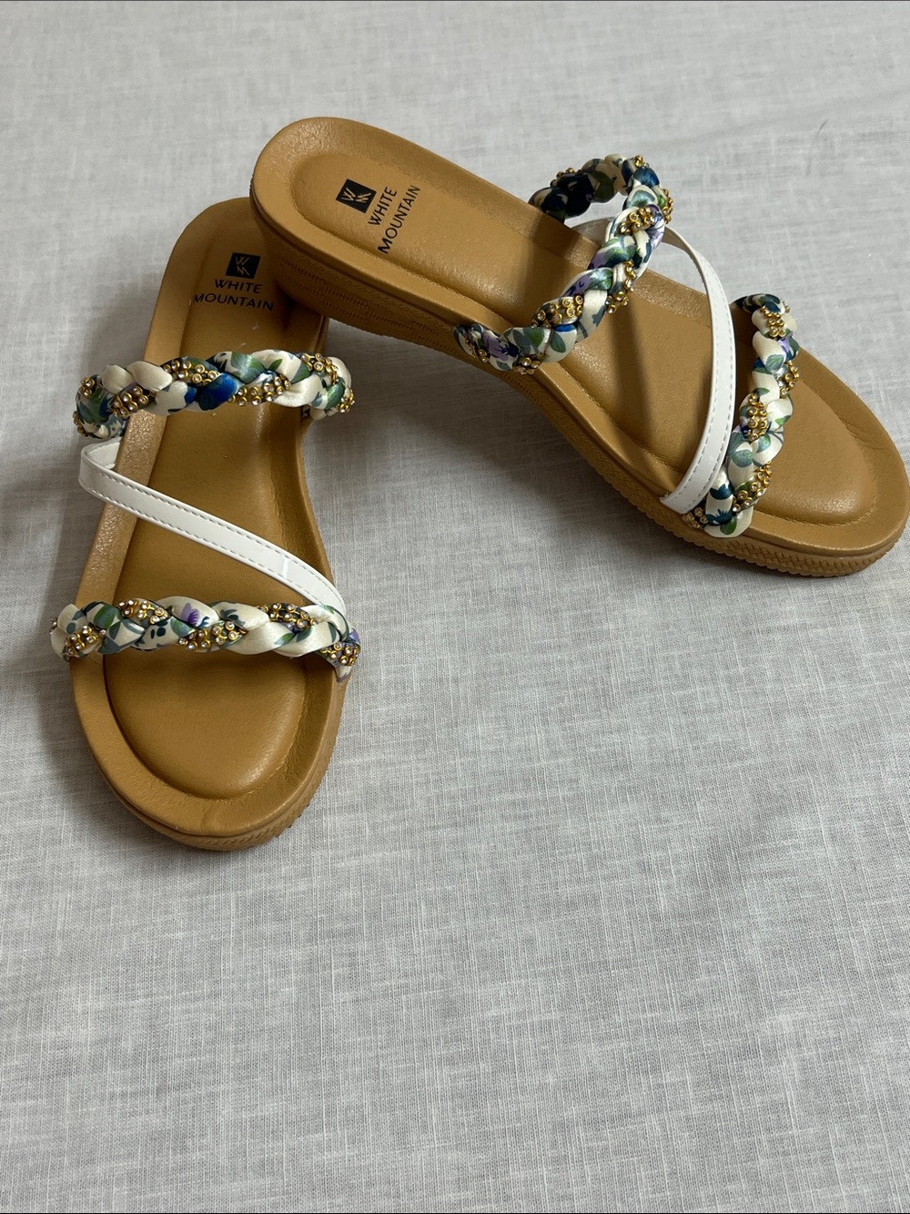 🌞 White Mountain White and Tan Braided Bead Slide Sandals women size 7.5